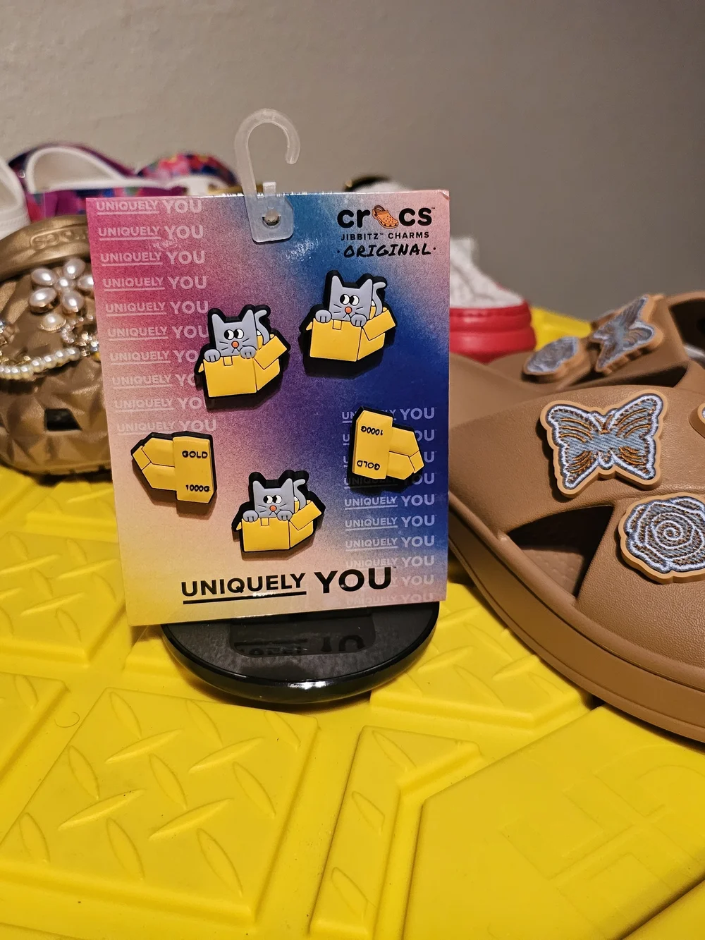 Purple Cat in Yellow Box Retired Crocs Jibbitz